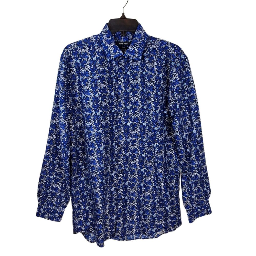 Nine West Shirt Mens Medium Slim Fit Button Up Floral Collared Long Sleeve Top
